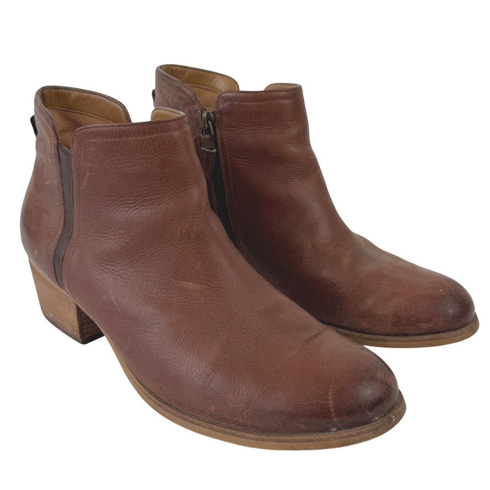 Clarks Artisan Maypearl Ramie Brown Leather Ankle Booties Side Zip Womens 10 M